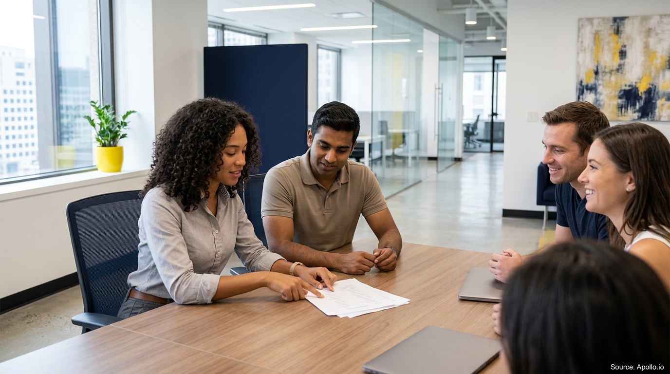Five professionals discuss documents around a conference table in a bright, modern office.