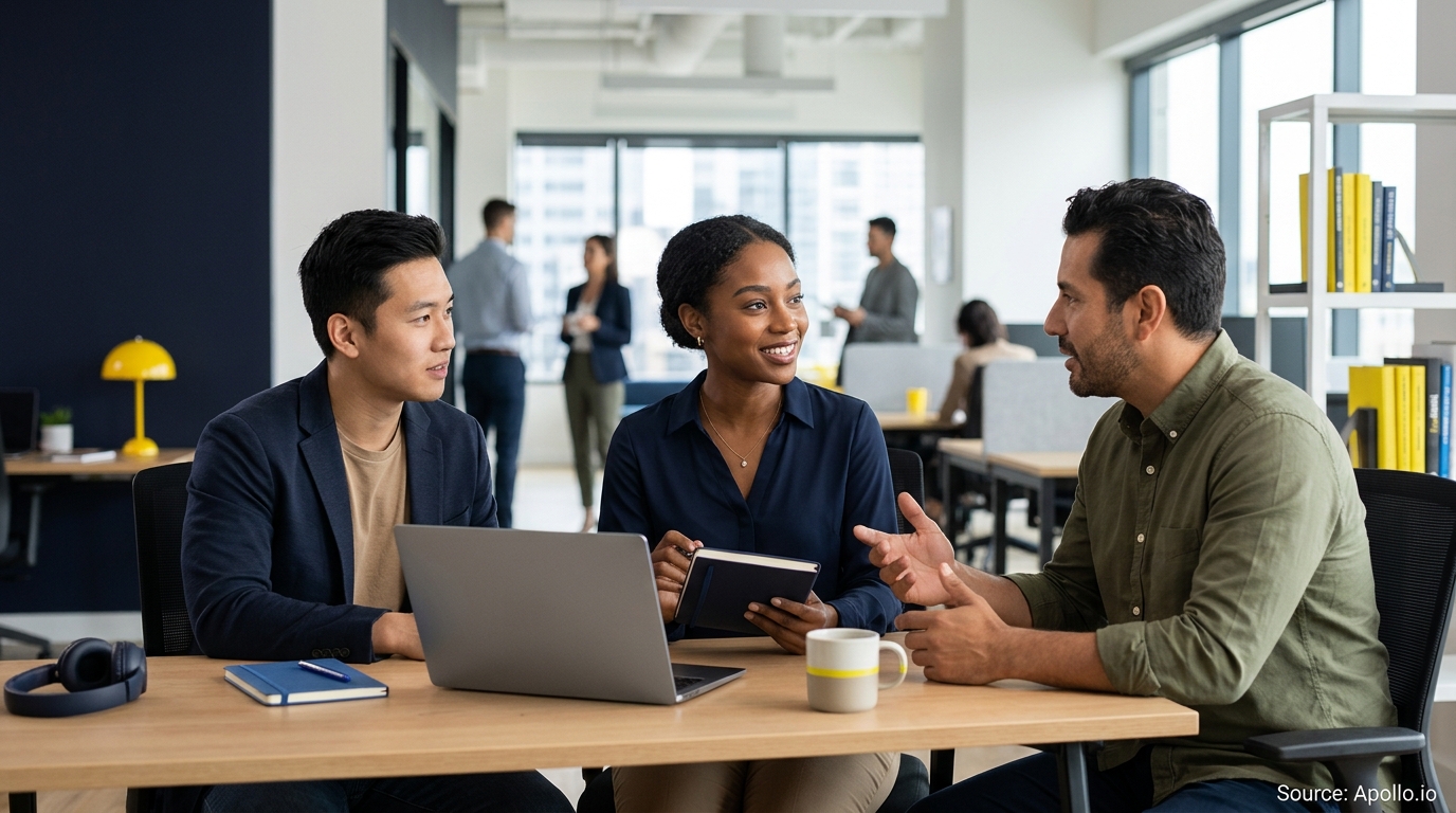 Three professionals collaborating around a desk with a laptop in a bright, modern open-plan office.