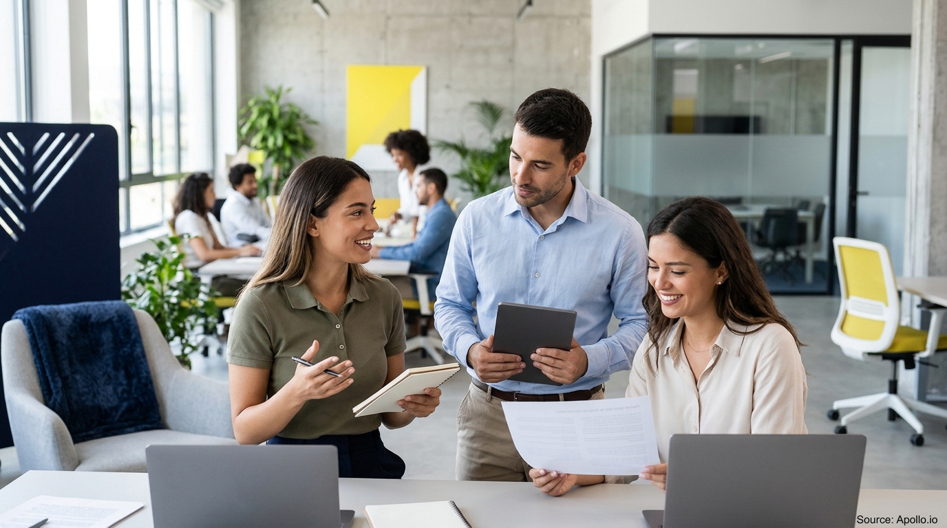 Three professionals collaborate over documents, laptops, and a tablet in a bright, modern office.