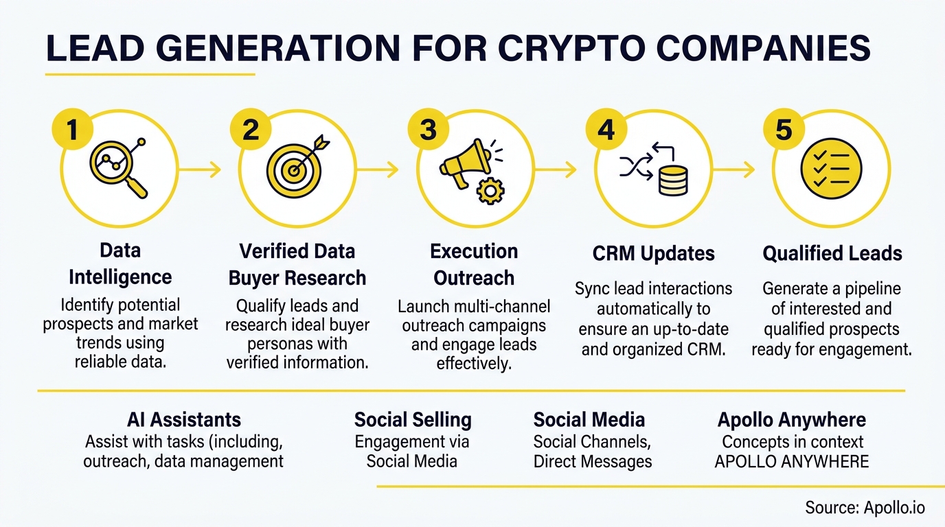 A five-step infographic outlines the lead generation process for crypto companies using numbered yellow icons.