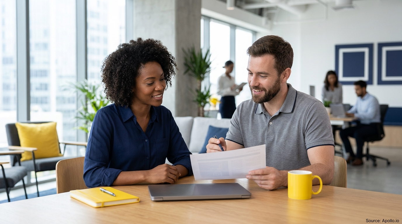 Two professionals review a document together at a wooden table in a bright, modern open-plan office.