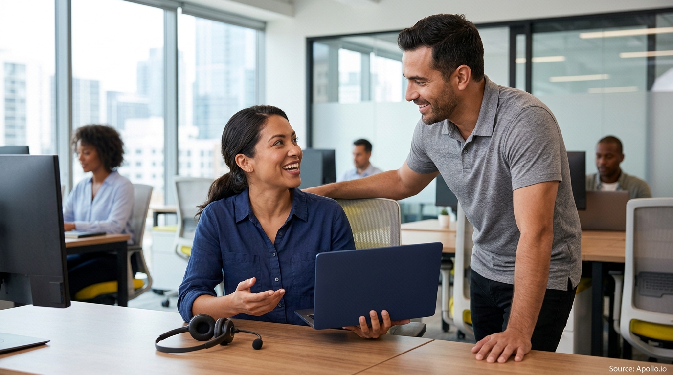 Two colleagues smiling and collaborating over a laptop at a desk in a modern open-plan office.