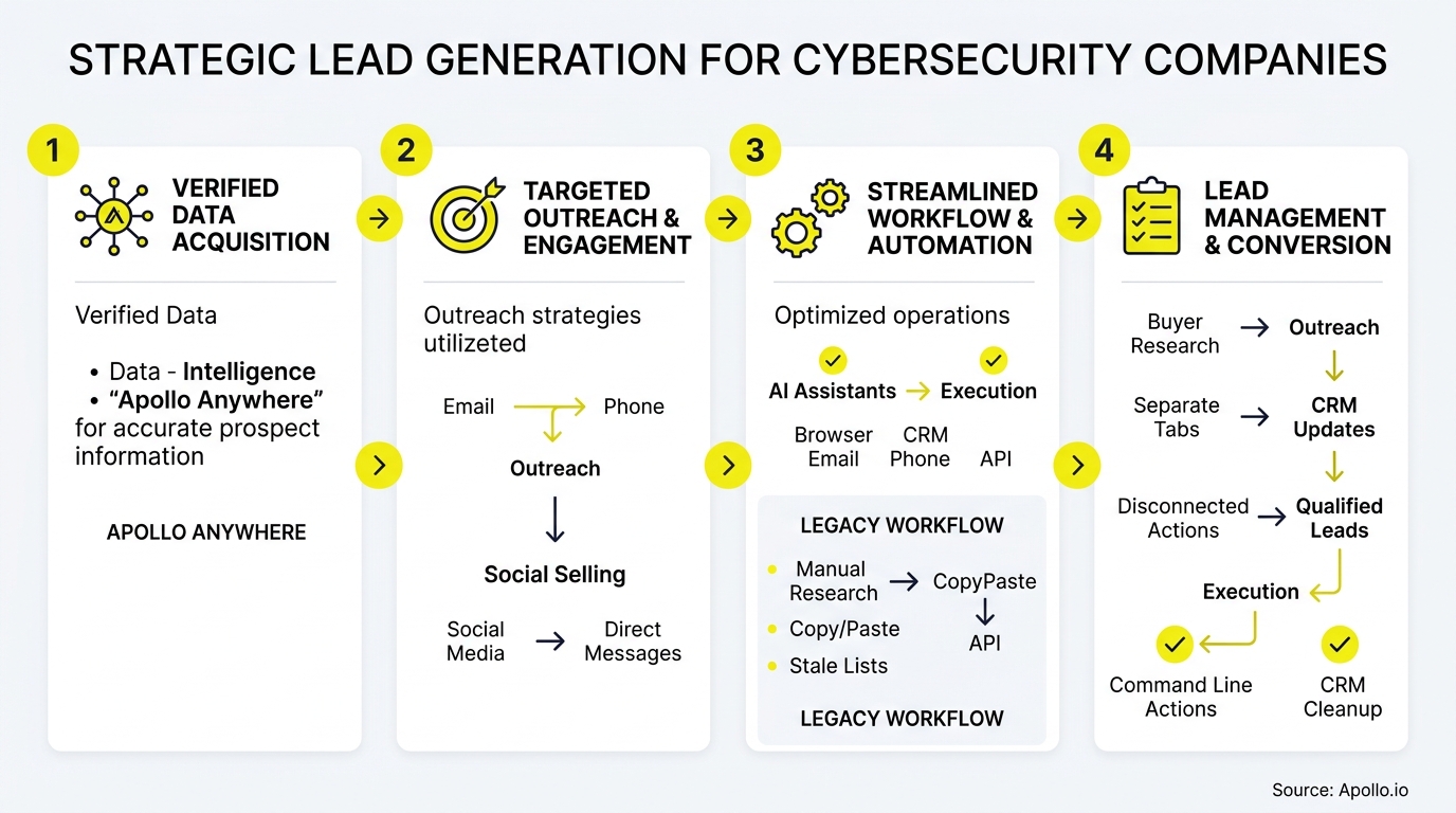 A four-step infographic outlines a strategic lead generation workflow using numbered columns, icons, and flowcharts.