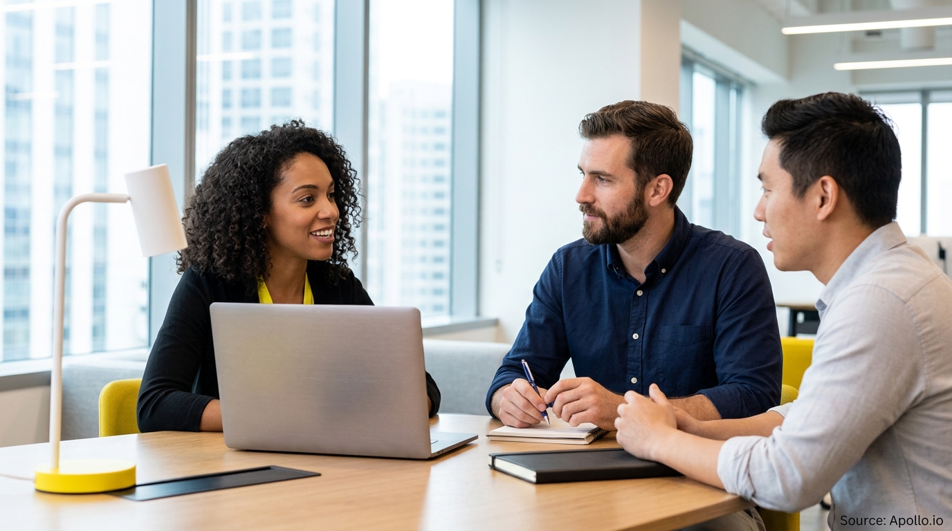 Three professionals collaborate around a laptop at a wooden table in a bright, modern office.