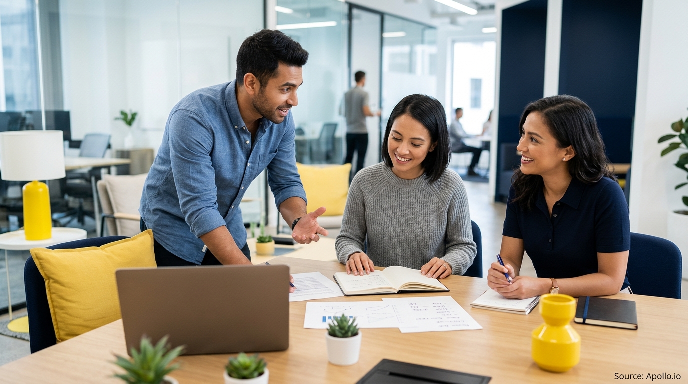 Three colleagues review data charts and take notes together around a table in a modern office.