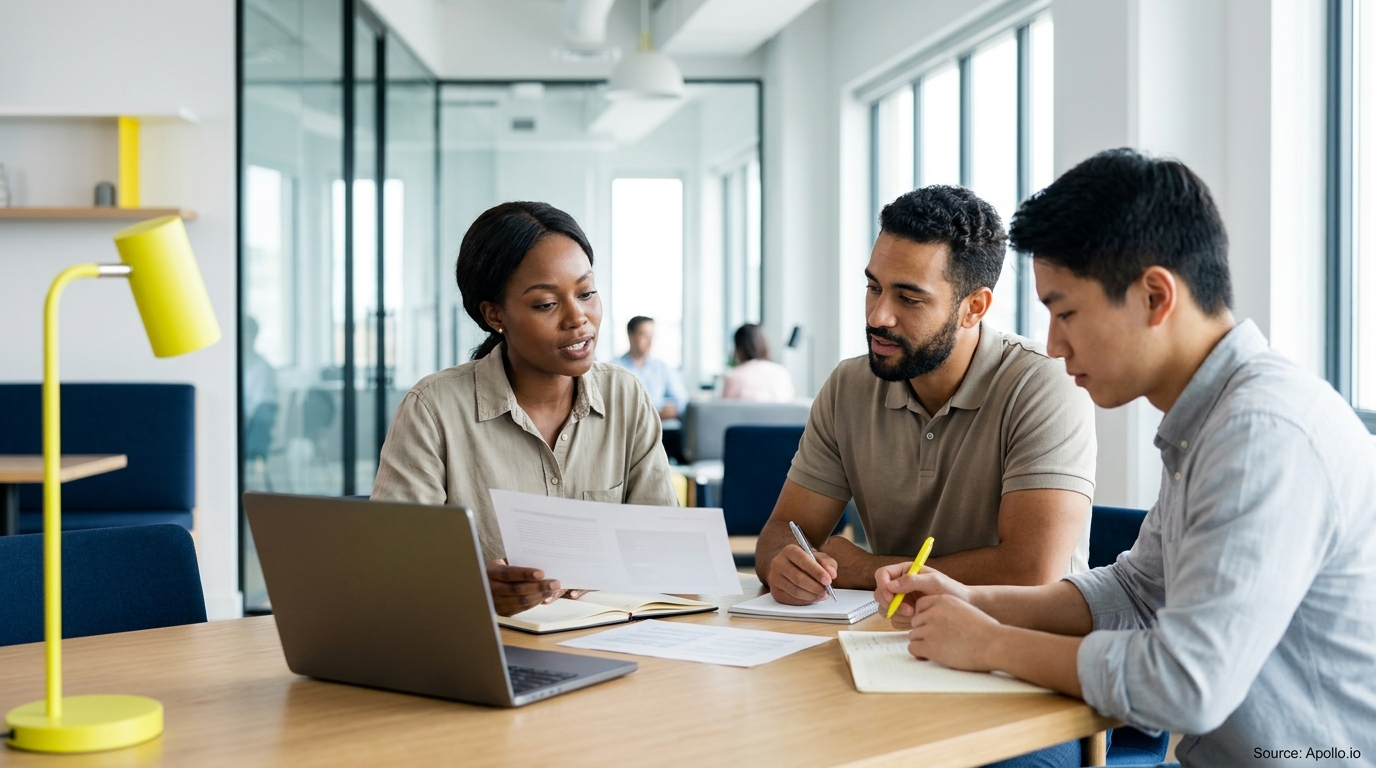 Three colleagues review documents and take notes around a laptop at a modern office table.