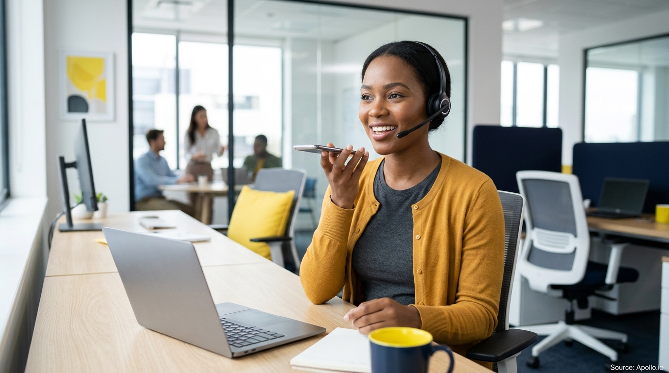 A woman wearing a headset speaks into a smartphone at an office desk with colleagues in the background.
