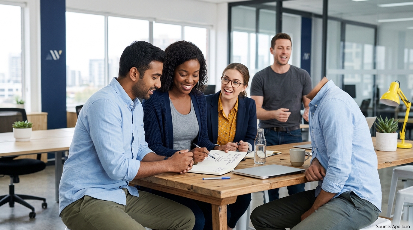 Diverse colleagues collaborating and reviewing notes around a wooden table in a bright, modern office.