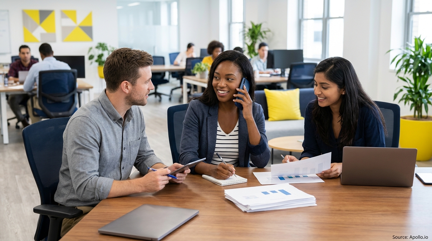 Three professionals review documents and take a phone call while collaborating at a modern office table.