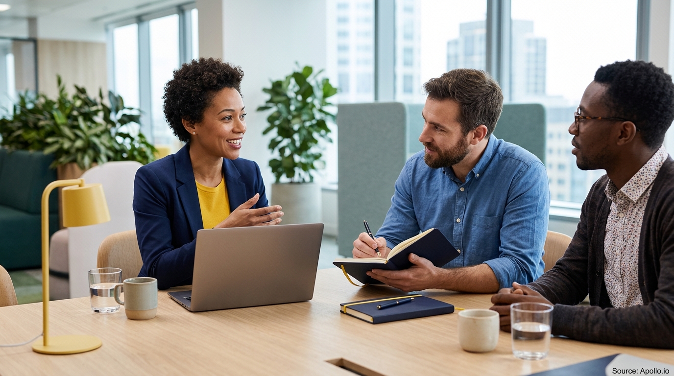 Three professionals discuss strategy around a wooden conference table with a laptop in a bright, modern office.