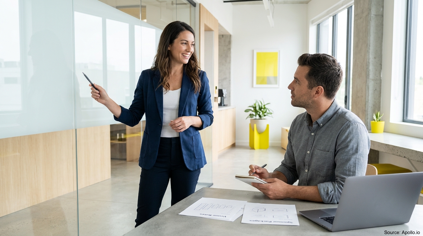 A woman presents on a whiteboard while a male colleague takes notes at a modern office desk.
