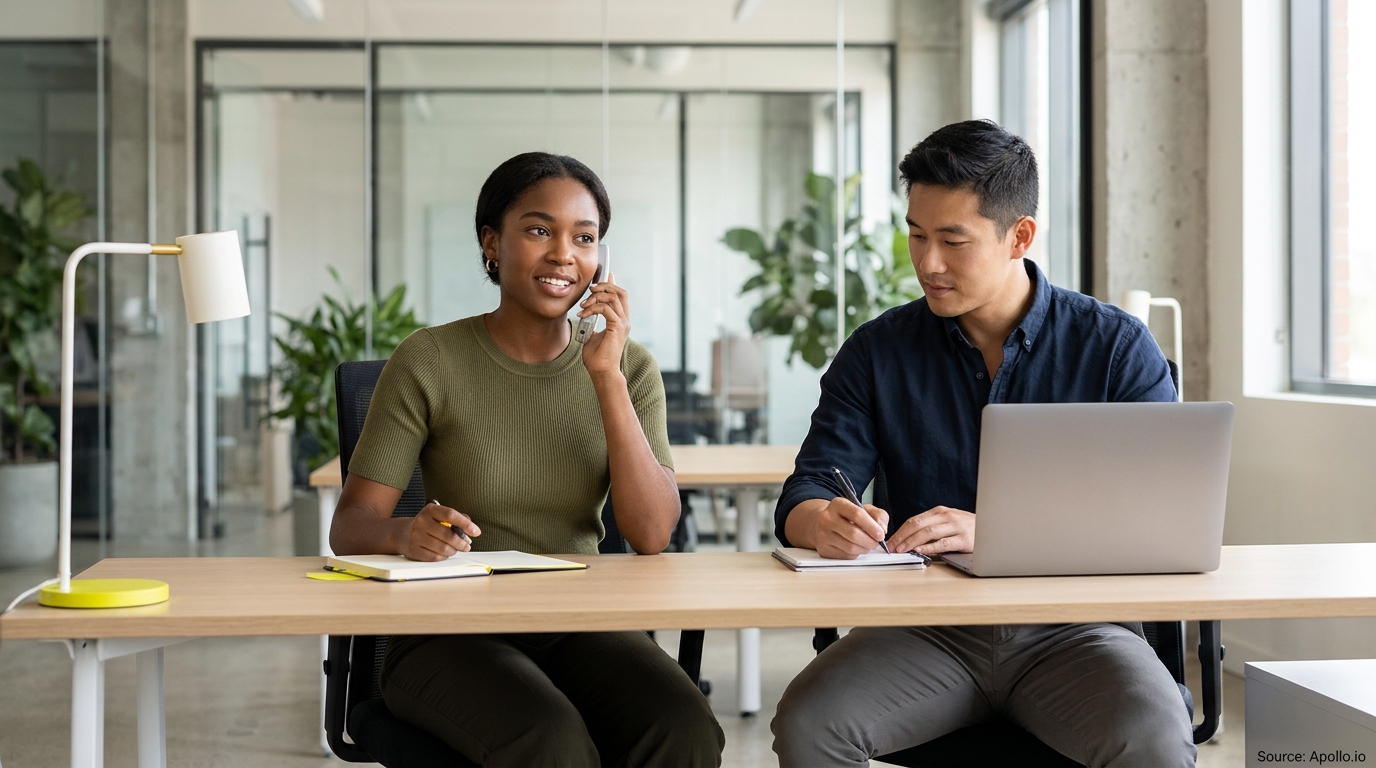 Two professionals working at an office desk, one talking on the phone and the other using a laptop.