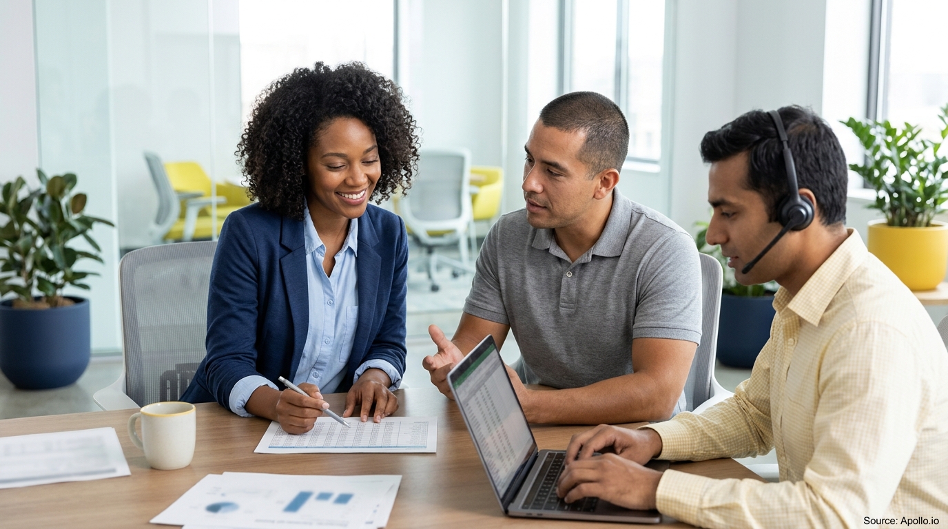 Three professionals review documents and analyze spreadsheet data on a laptop at a modern office table.