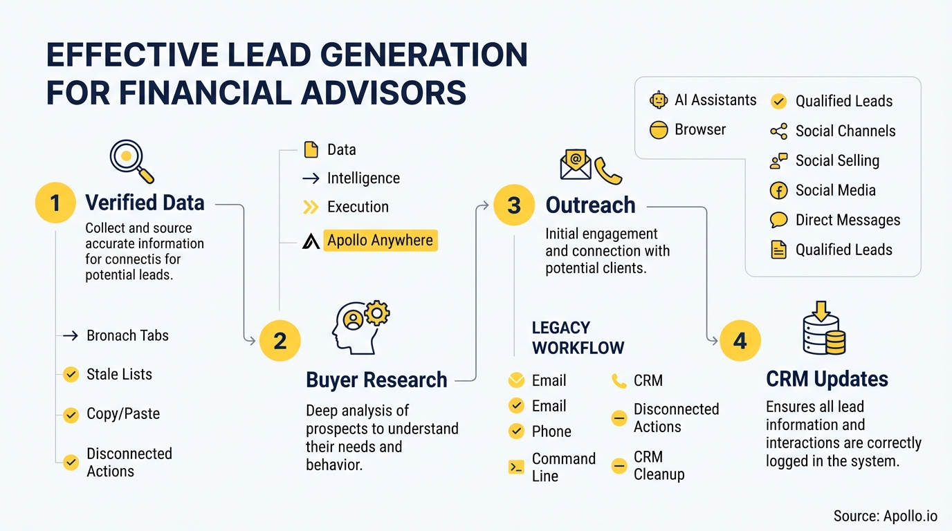 Four-step infographic detailing a lead generation workflow from data verification and research to outreach and CRM updates.