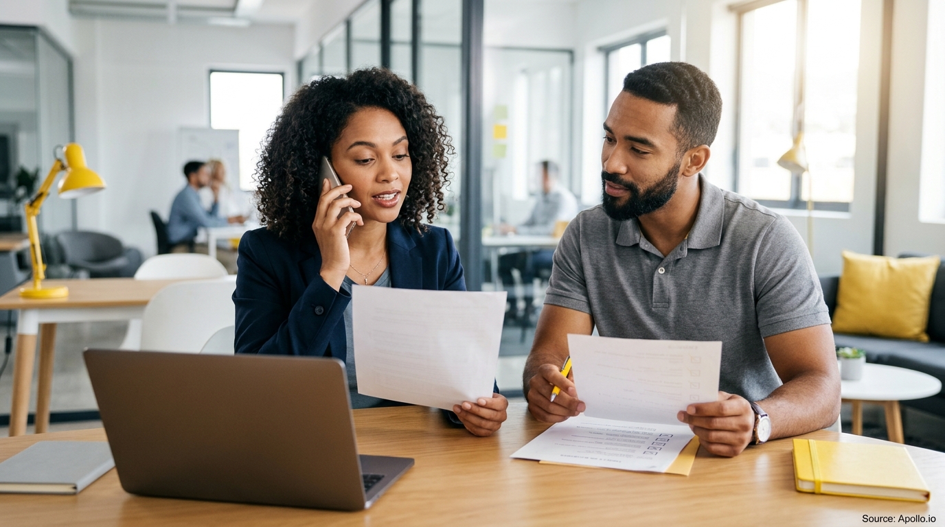 Two professionals review documents at an office desk with a laptop while one speaks on the phone.