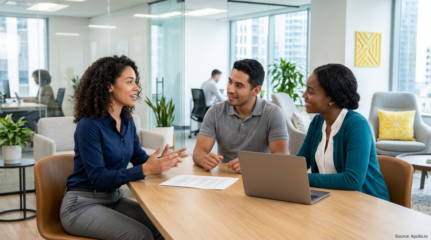 A female consultant discusses a document with two clients seated at a modern office table.