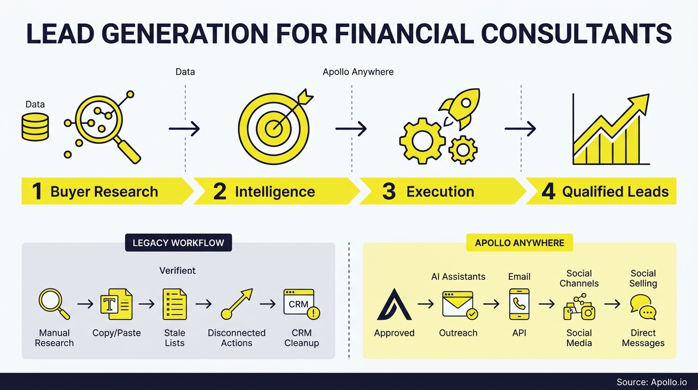 Infographic illustrating a four-step lead generation workflow comparing manual tasks to modern multichannel outreach.