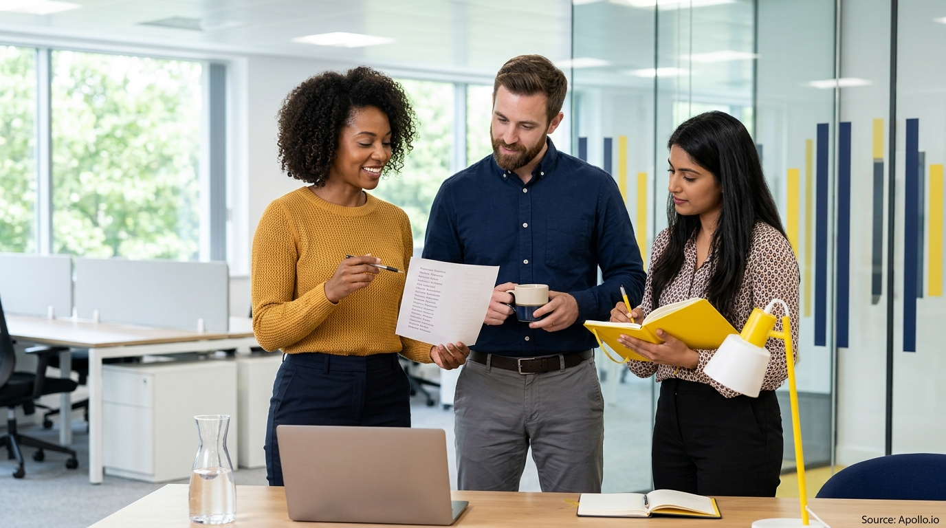 Three diverse professionals review a document and take notes around a laptop in a modern office.