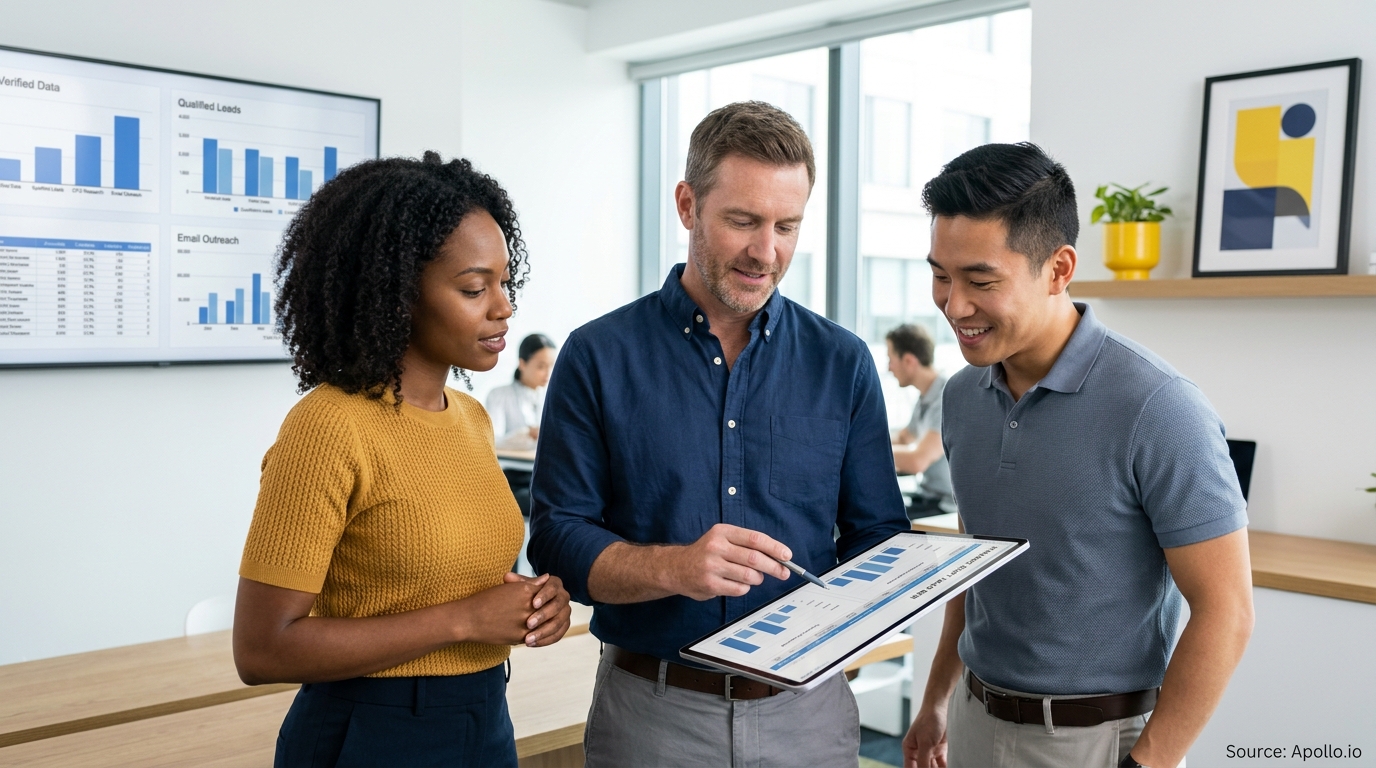 Three colleagues review data charts on a digital tablet in a bright, modern office.