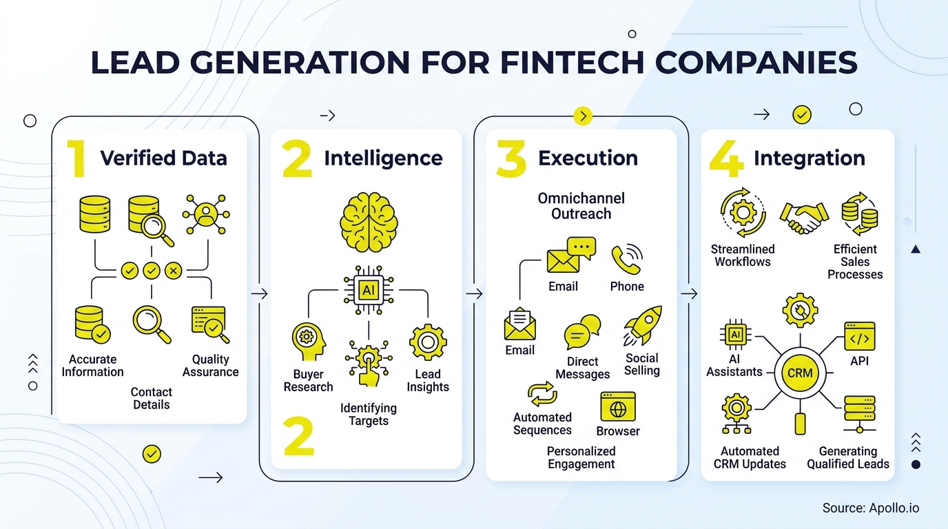 Infographic showing a four-step lead generation process featuring verified data, intelligence, outreach execution, and CRM integration.