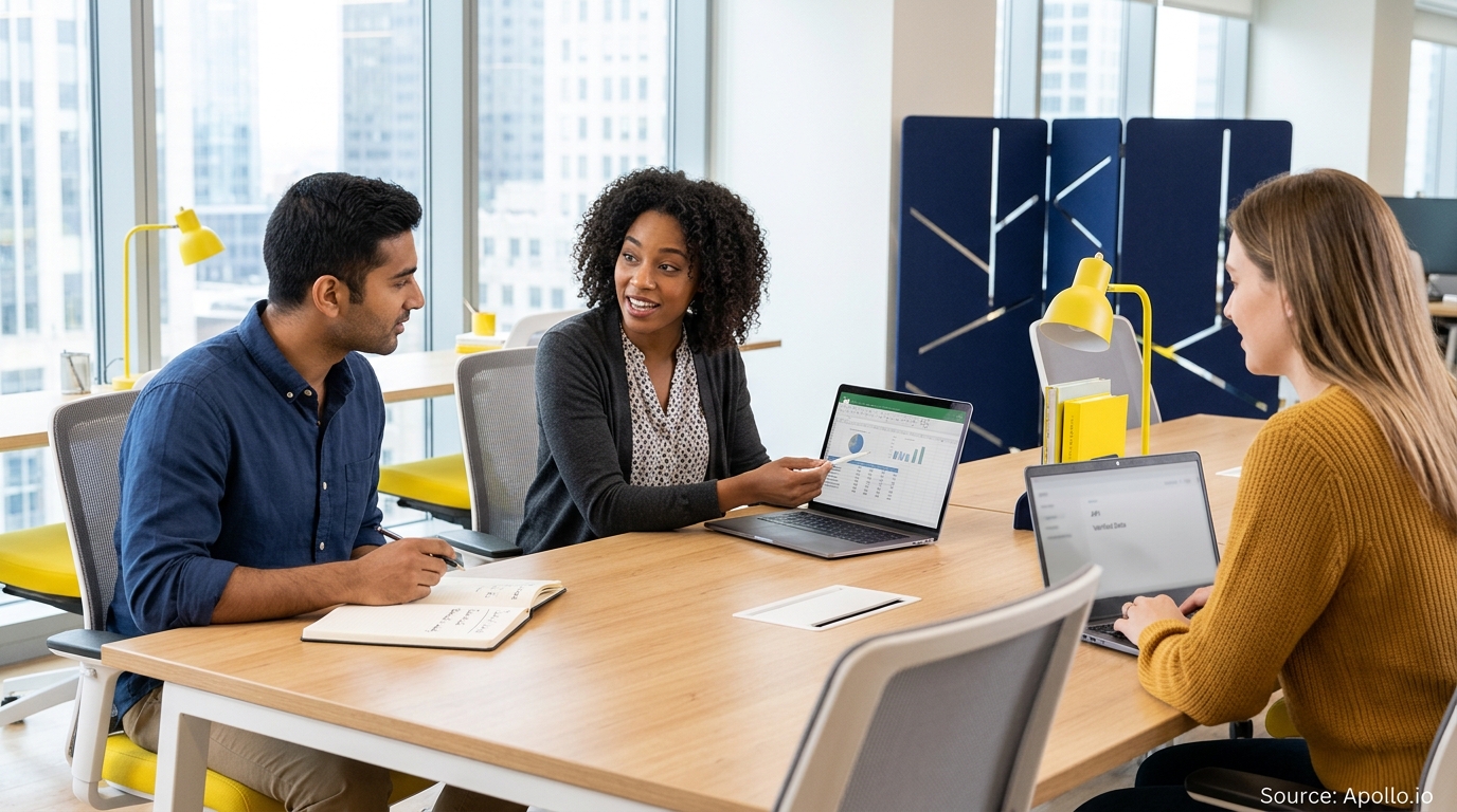 Three professionals review data on a laptop during a meeting in a bright, modern office.