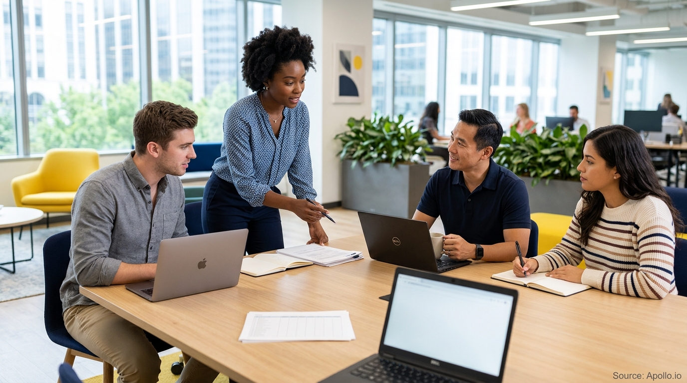 Four professionals collaborate around a wooden meeting table with laptops in a bright, modern open office.