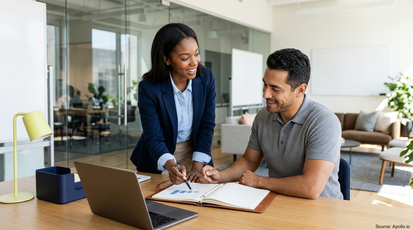 Two professionals collaborating and reviewing charts together at a desk in a modern office.