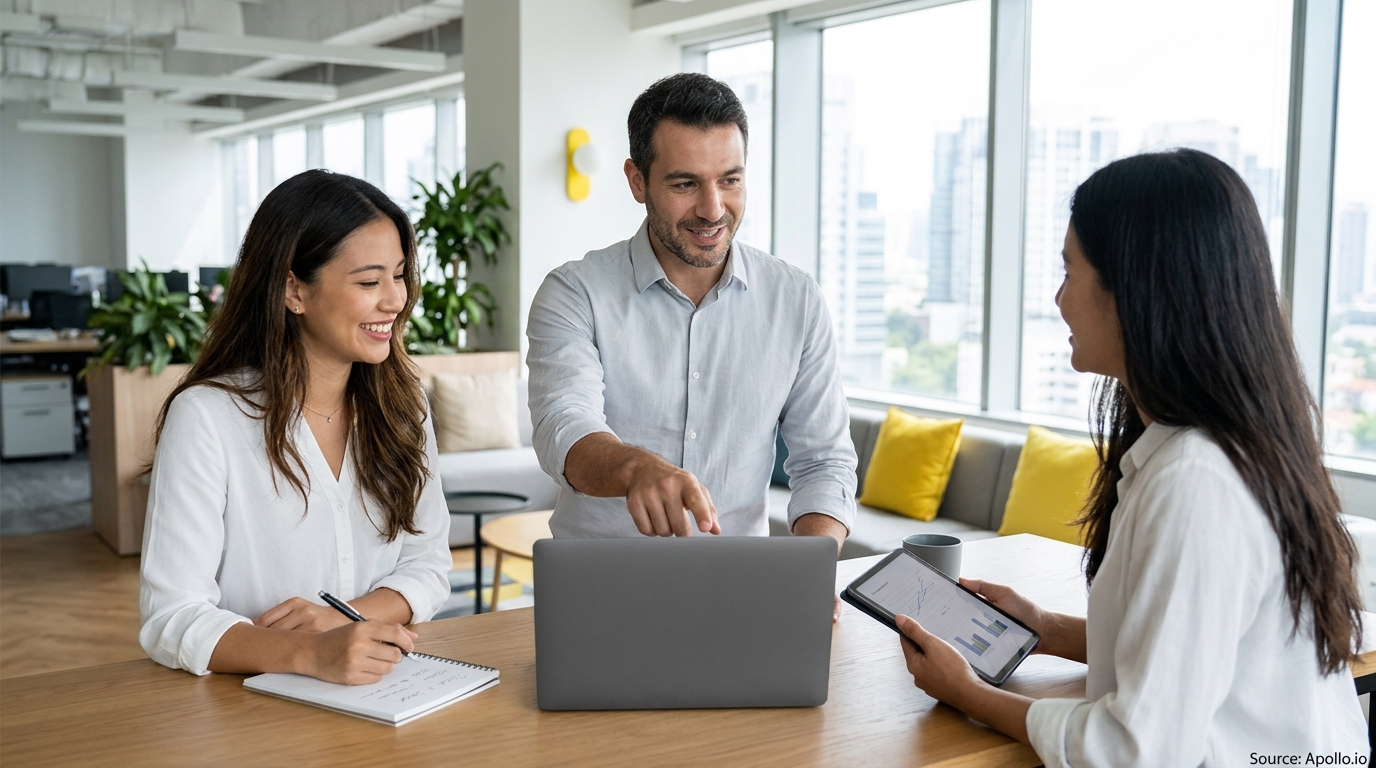 Three colleagues collaborate around a laptop and digital tablet at a table in a modern office.
