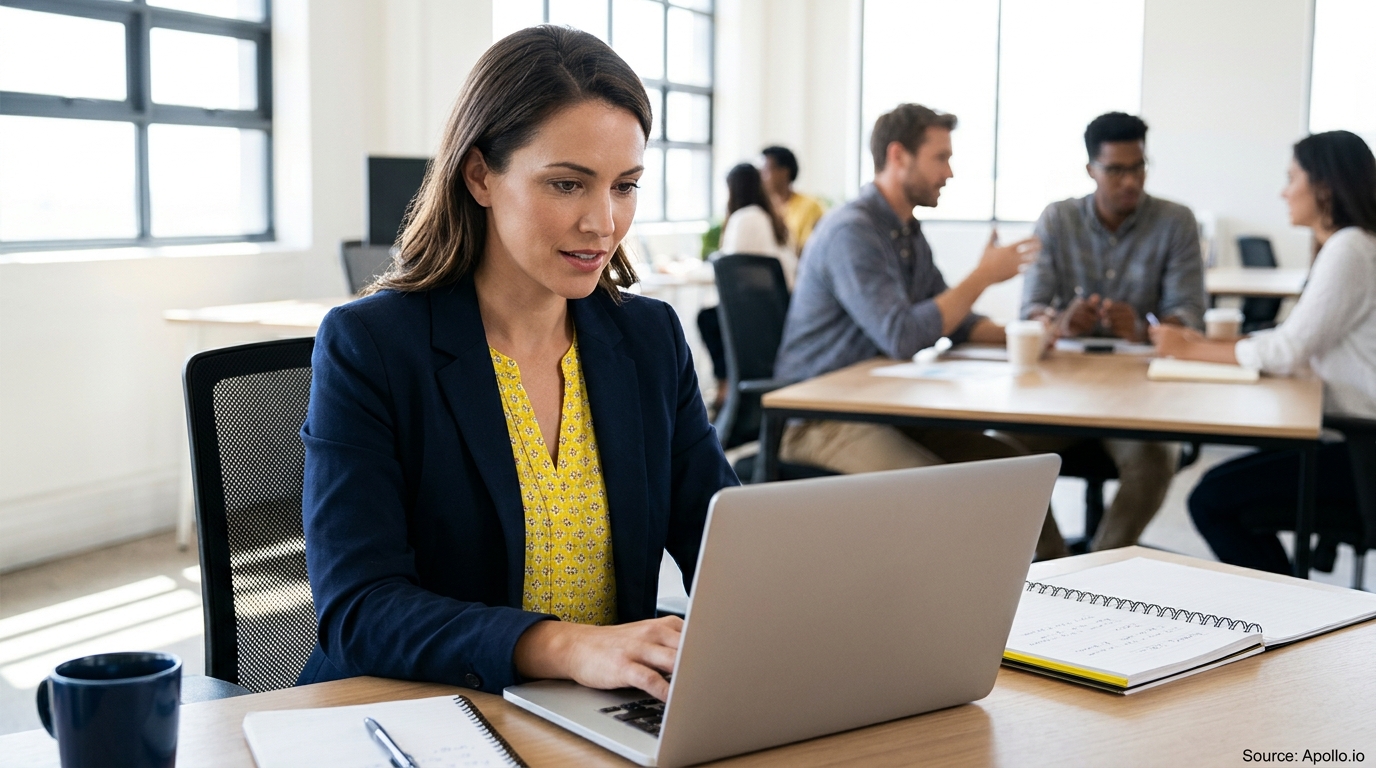 A businesswoman works on a laptop at her desk while colleagues collaborate in a bright, modern office.