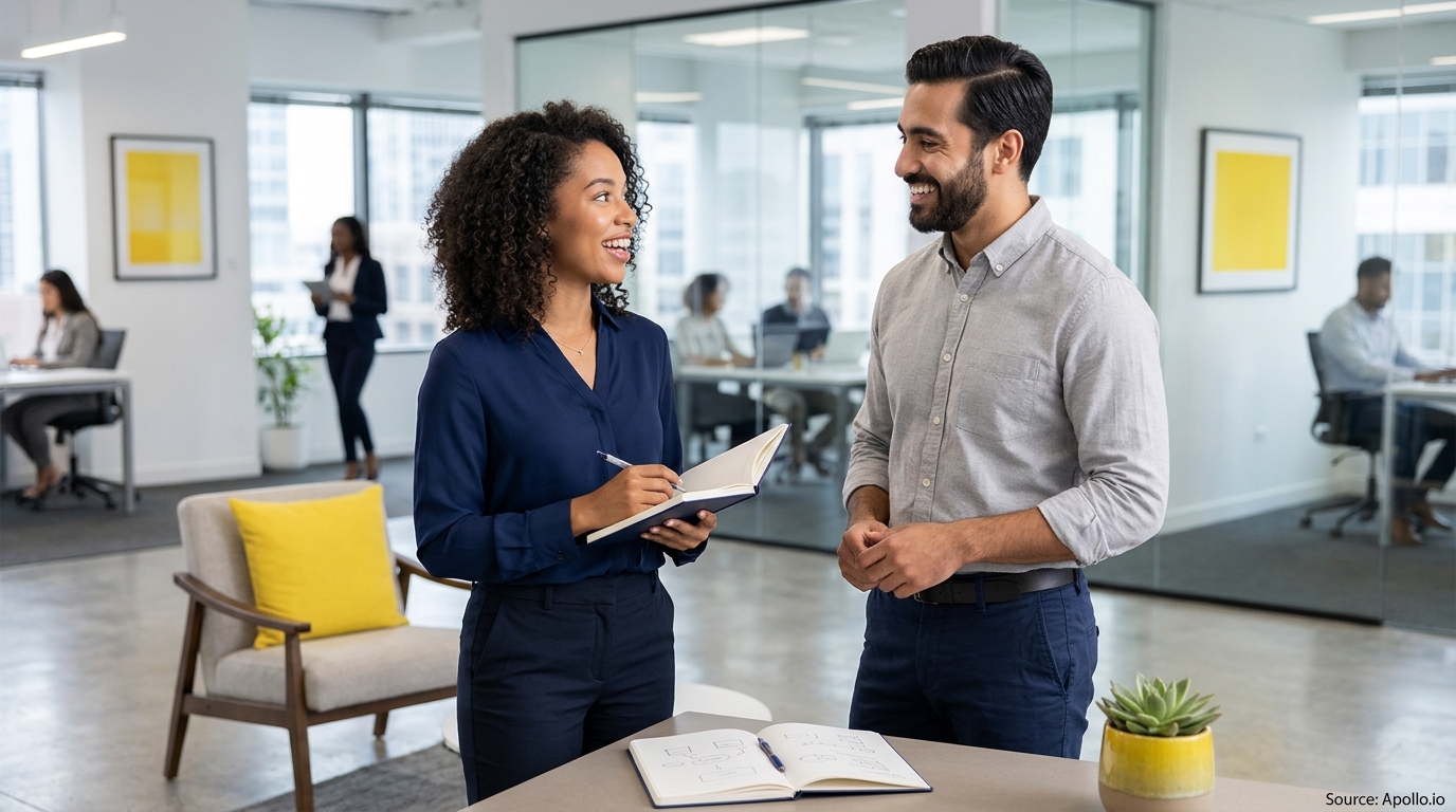 Two professionals smile and discuss notes together in a bright, modern open-plan office.