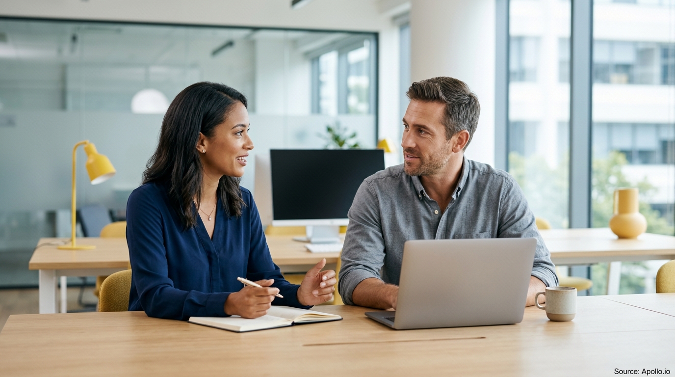 Two professionals converse at a wooden desk with a laptop and notebook in a bright office.