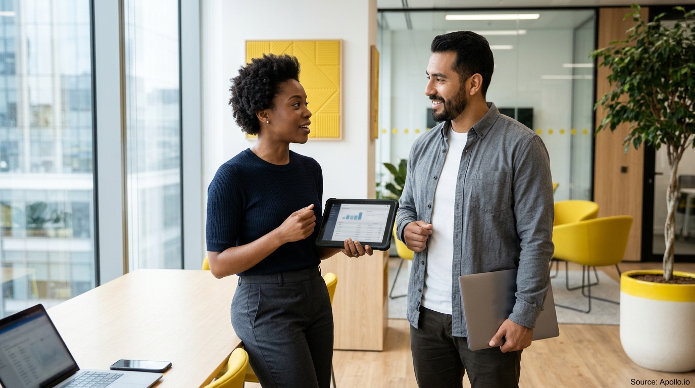 Two professionals discuss data on a digital tablet while standing in a bright, modern office.