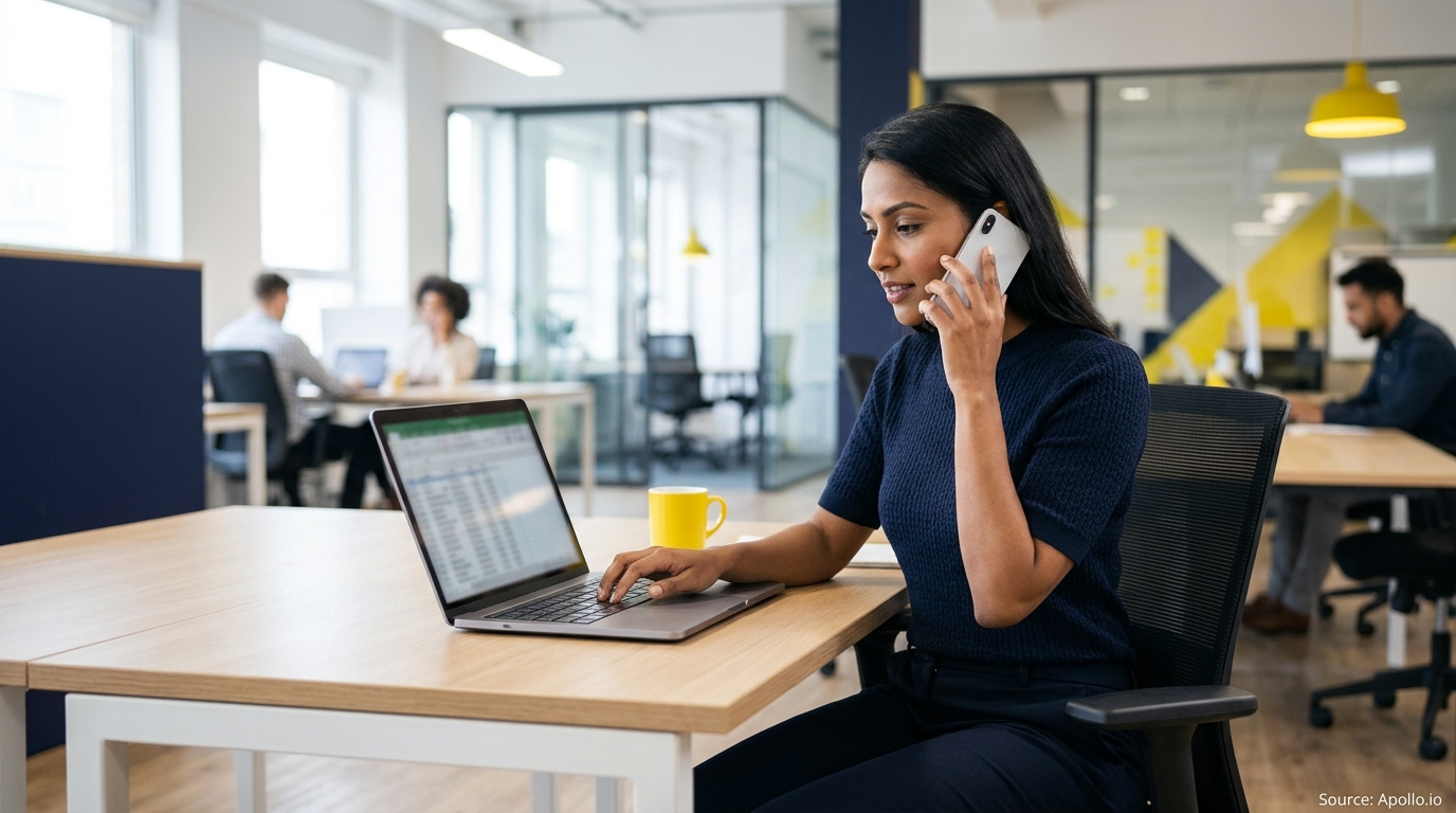 A woman talks on the phone while typing on a laptop at a modern open-plan office desk.