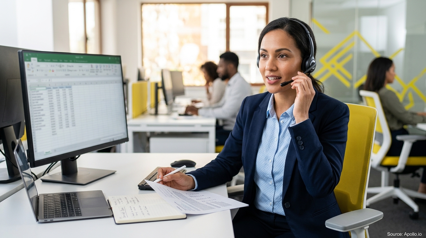 A woman wearing a headset speaks at her office desk with coworkers working in the background.