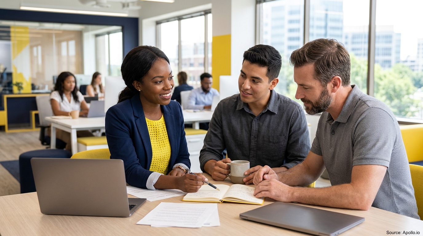 Three professionals collaborate over notes and laptops while seated at a table in a bright, modern office.