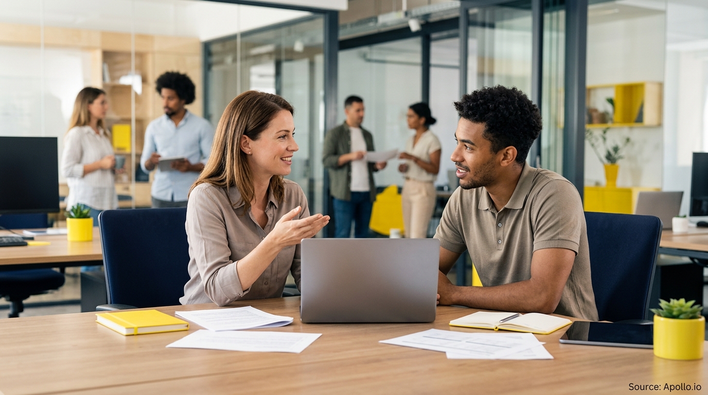Two professionals collaborate at a desk with a laptop in a busy, modern open-plan office.