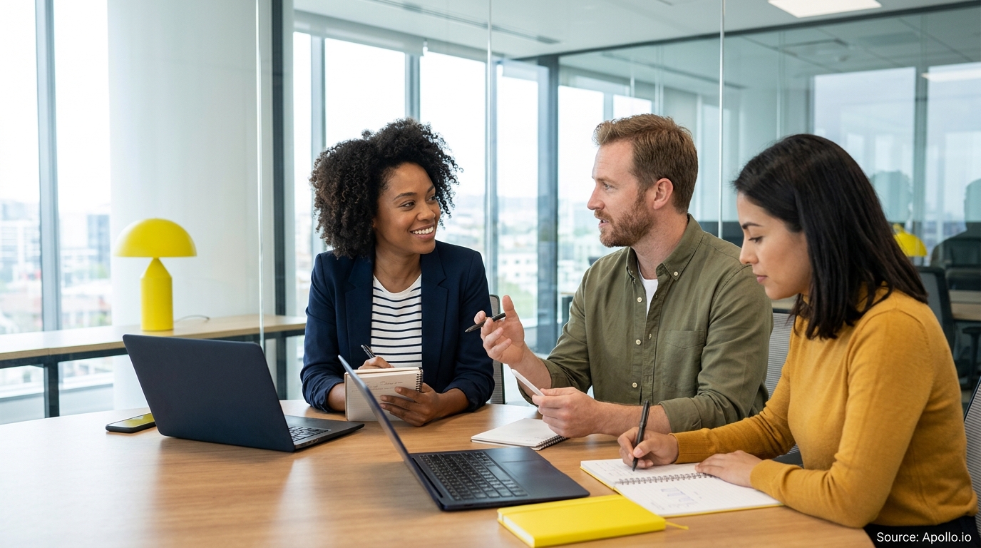 Three professionals collaborate around a table with laptops and notebooks in a bright, modern office.