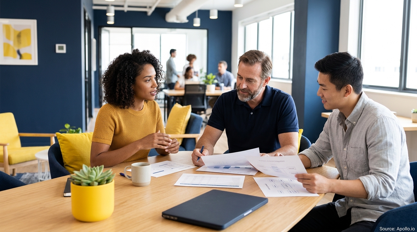 Three diverse professionals review reports and collaborate around a wooden table in a modern office.