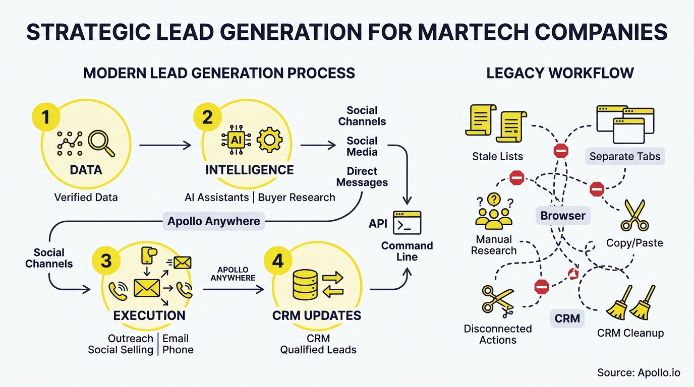 Diagram comparing a streamlined four-step modern lead generation process with a chaotic legacy workflow.