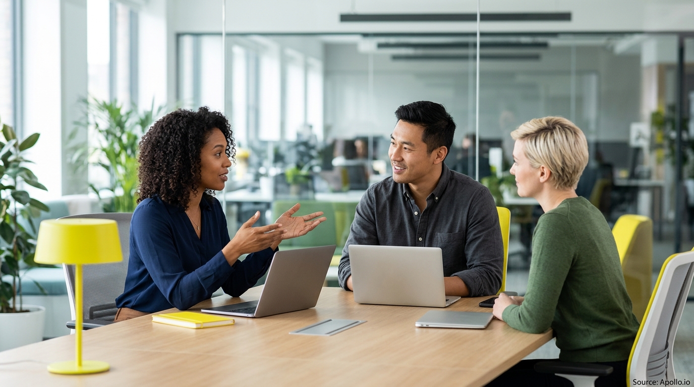 Three professionals collaborate around a wooden conference table with laptops in a bright, modern office.