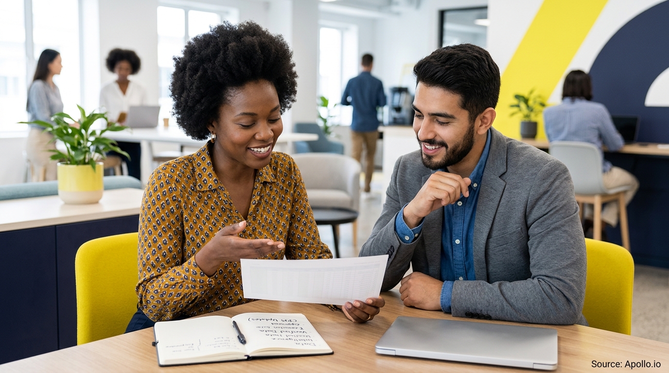 Two professionals review a printed document together at a desk in a bright, modern office.