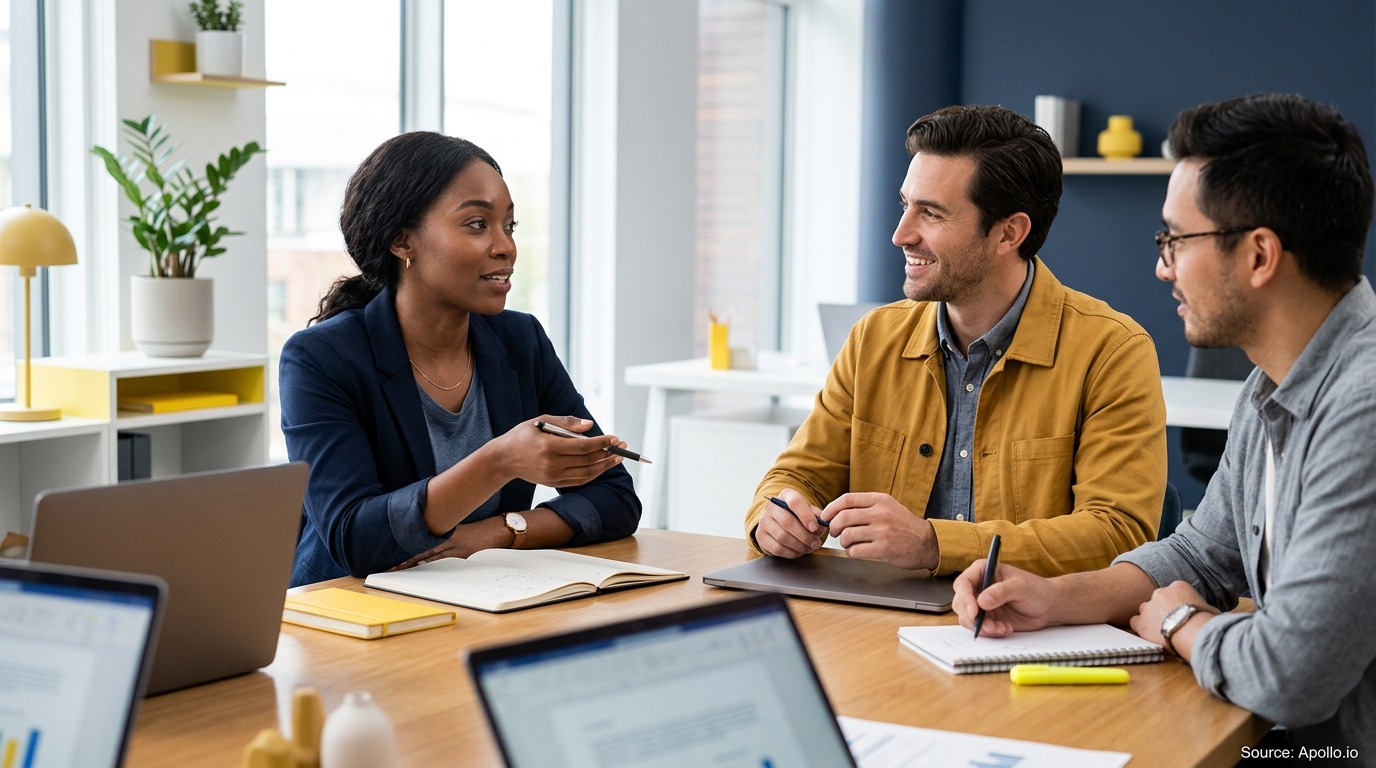 Three colleagues sit around a conference table discussing work with laptops and notebooks in a bright, modern office.