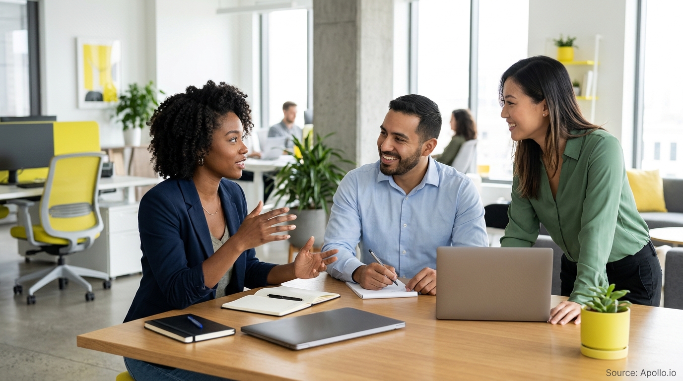 Three diverse professionals smiling and collaborating around a table with laptops in a bright, modern office.