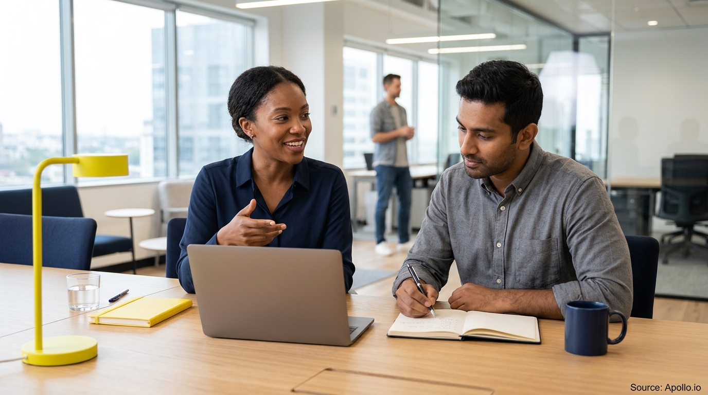 Two colleagues collaborate over a laptop and notebook at a table in a bright modern office.