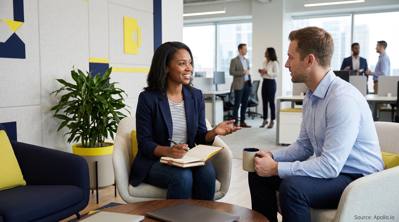 Two professionals sit in armchairs discussing notes together in a bright, modern open-plan office.