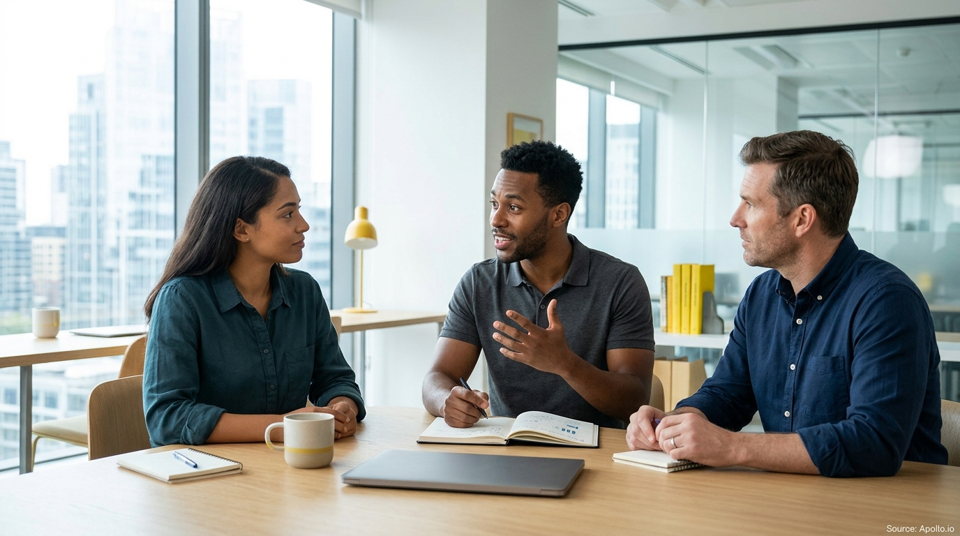 Three professionals sitting around a wooden table discussing business in a bright, modern office with city views.