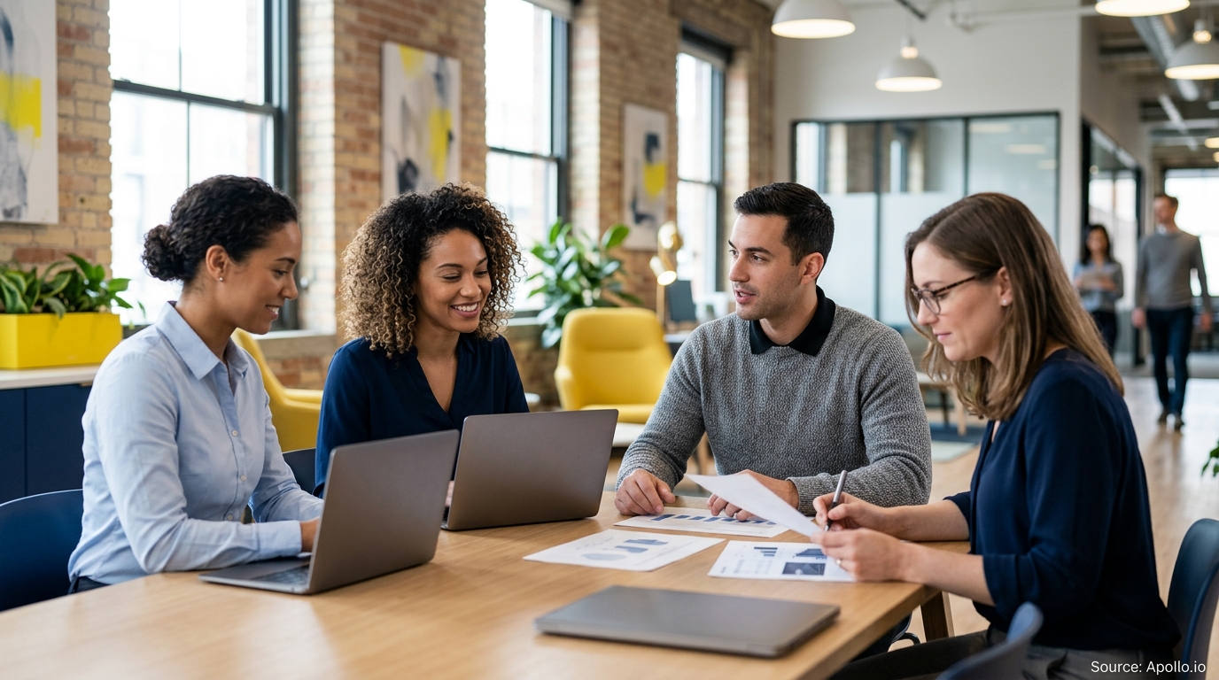 Four professionals collaborate at a wooden table in a bright, modern office using laptops and reviewing printed documents.