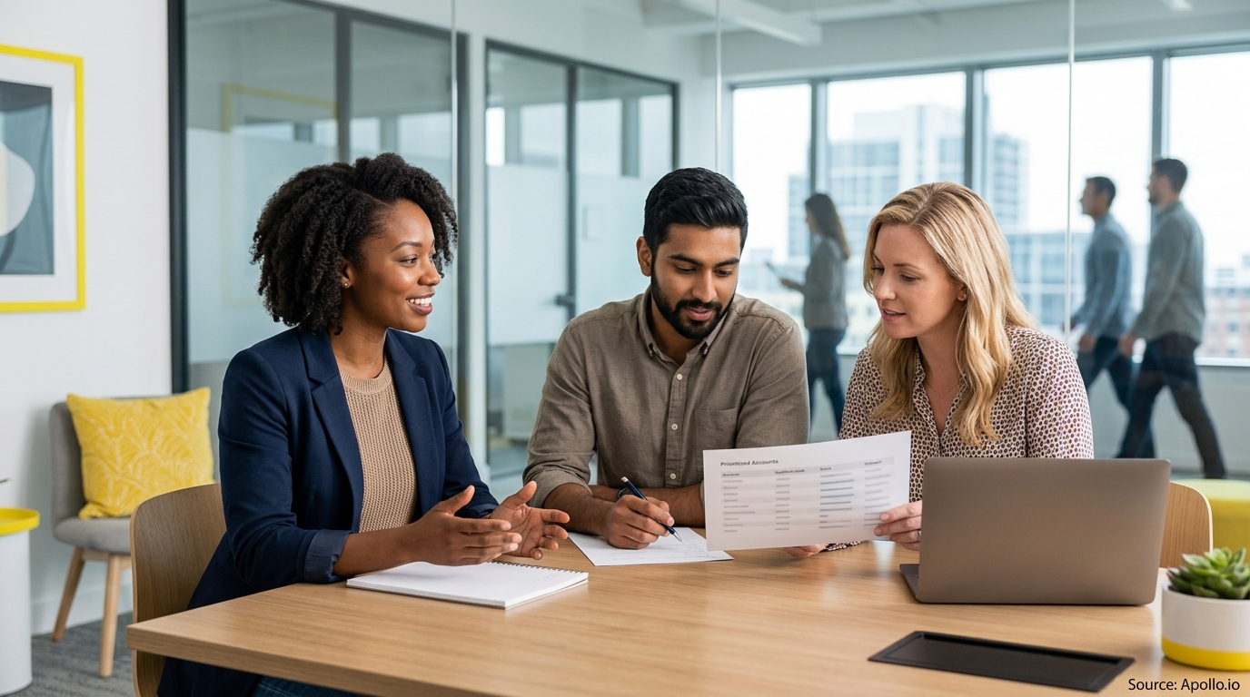 Three professionals collaborate over a printed report and laptop at a conference table in a modern office.