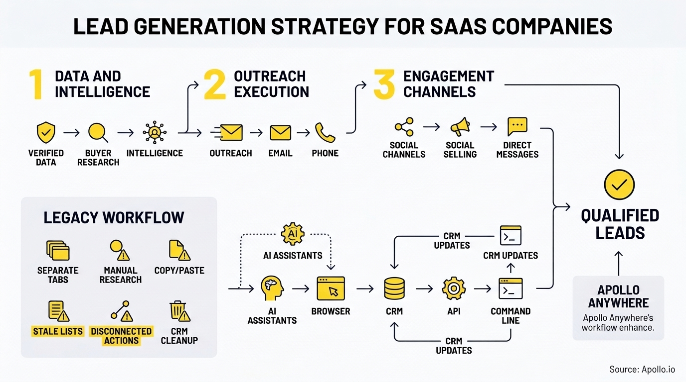 Flowchart outlining a SaaS lead generation strategy from data intelligence and outreach execution to qualified leads.