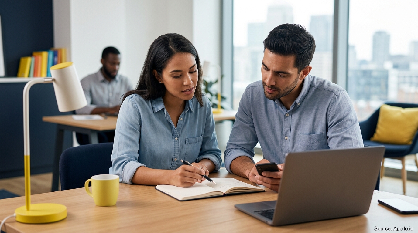Two professionals collaborate at a desk with a laptop and notebook in a modern, sunlit office space.